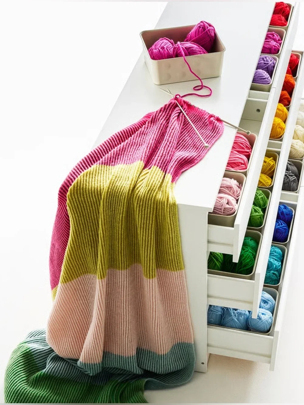 Colorblock Striped Knit Throw Blanket - Pink, Yellow, Cream, Blue, Green
